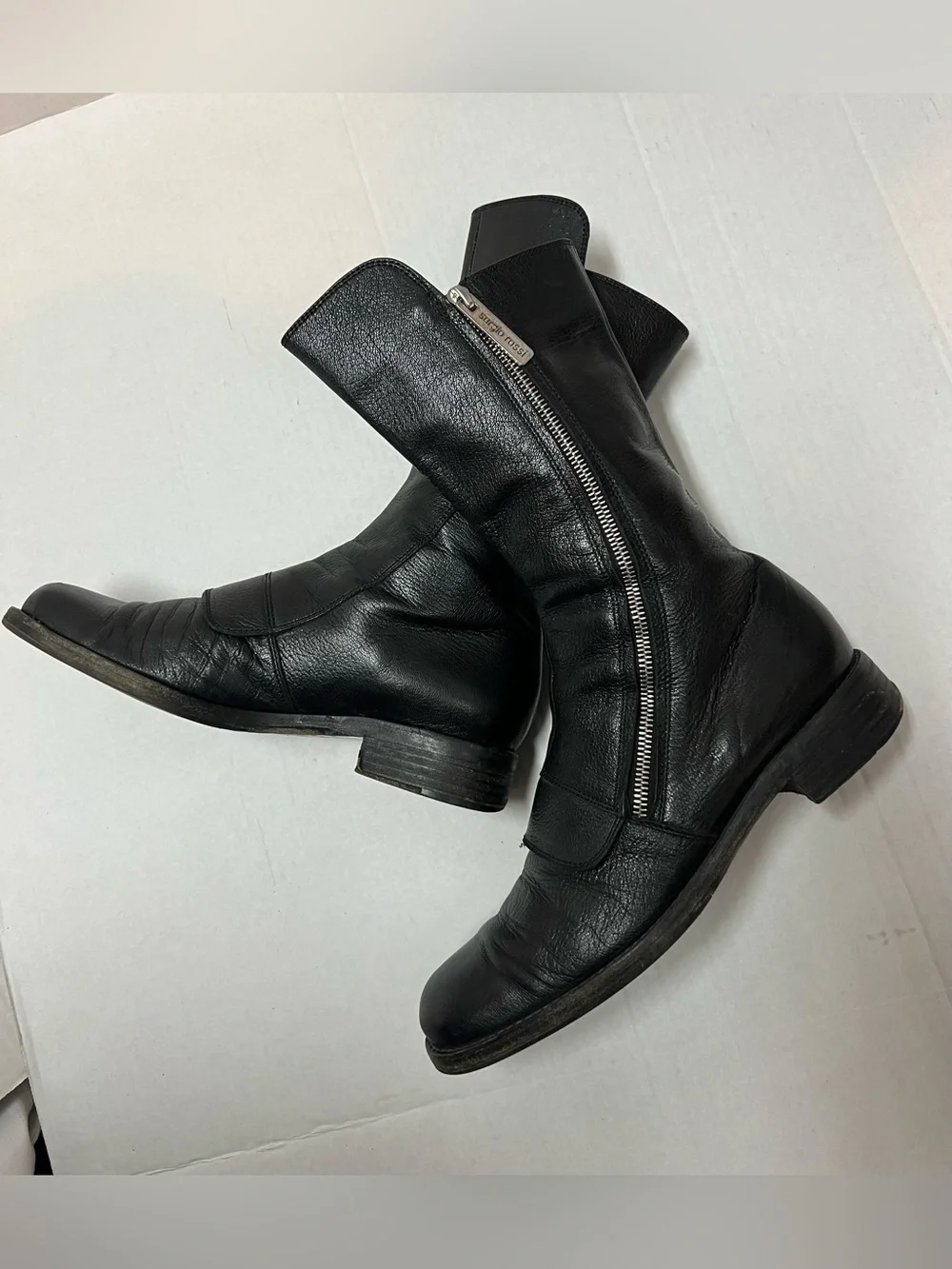 Sergio Rossi Women’s 37.5 (US 7.5) Black Leather Zip Moto Mid Calf Combat Boots - Picture 2 of 12